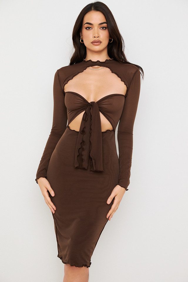 'Natalia' Chocolate Power Mesh Tie Front Midi Dress
